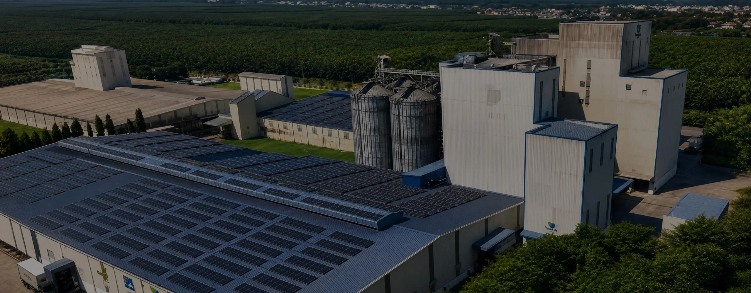 Aerial view of large scale poultry and livestock feed production line, complete feed mill factory for pig feed and chicken feed production
